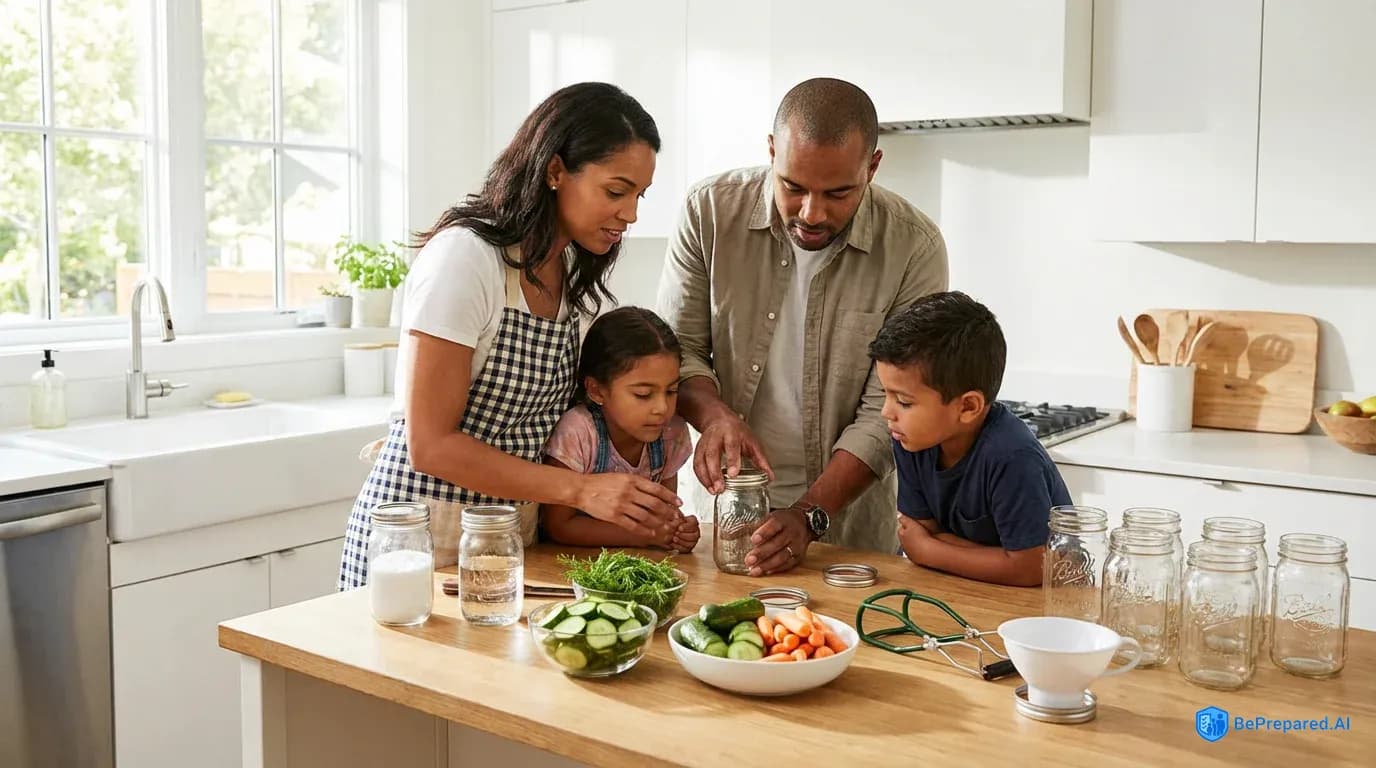 Family preserving food together in modern kitchen with mason jars and fresh produce