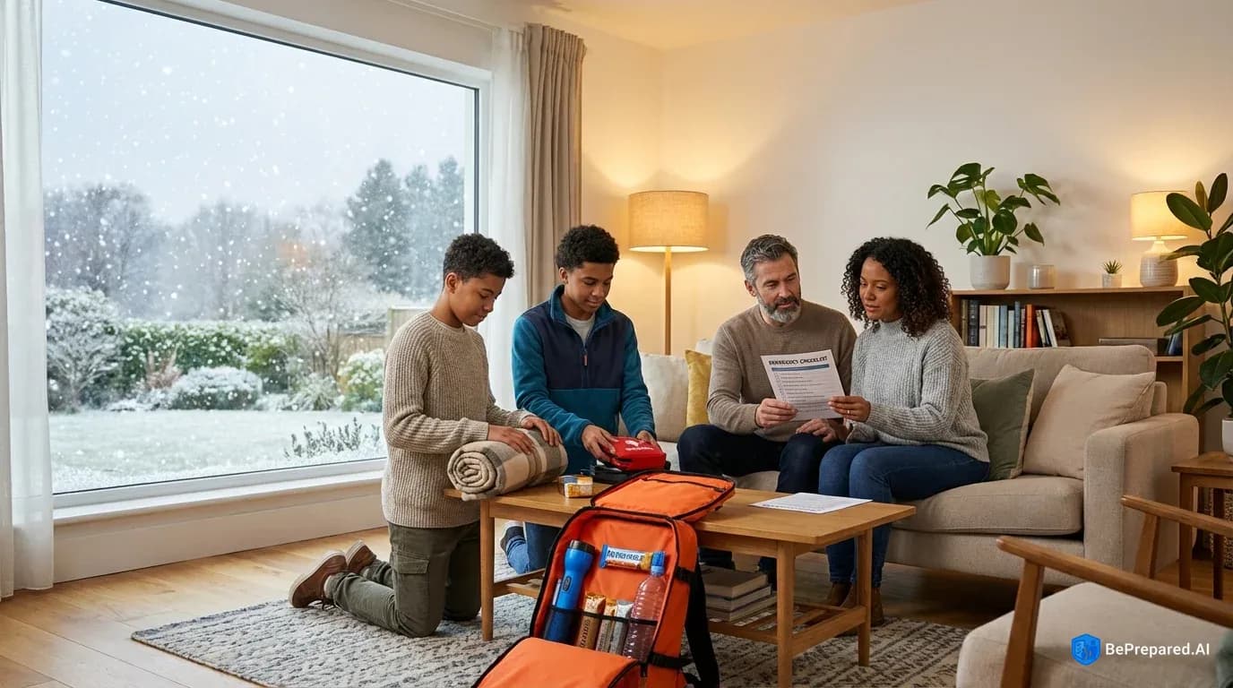 Family preparing winter emergency kit while snow falls outside their living room window