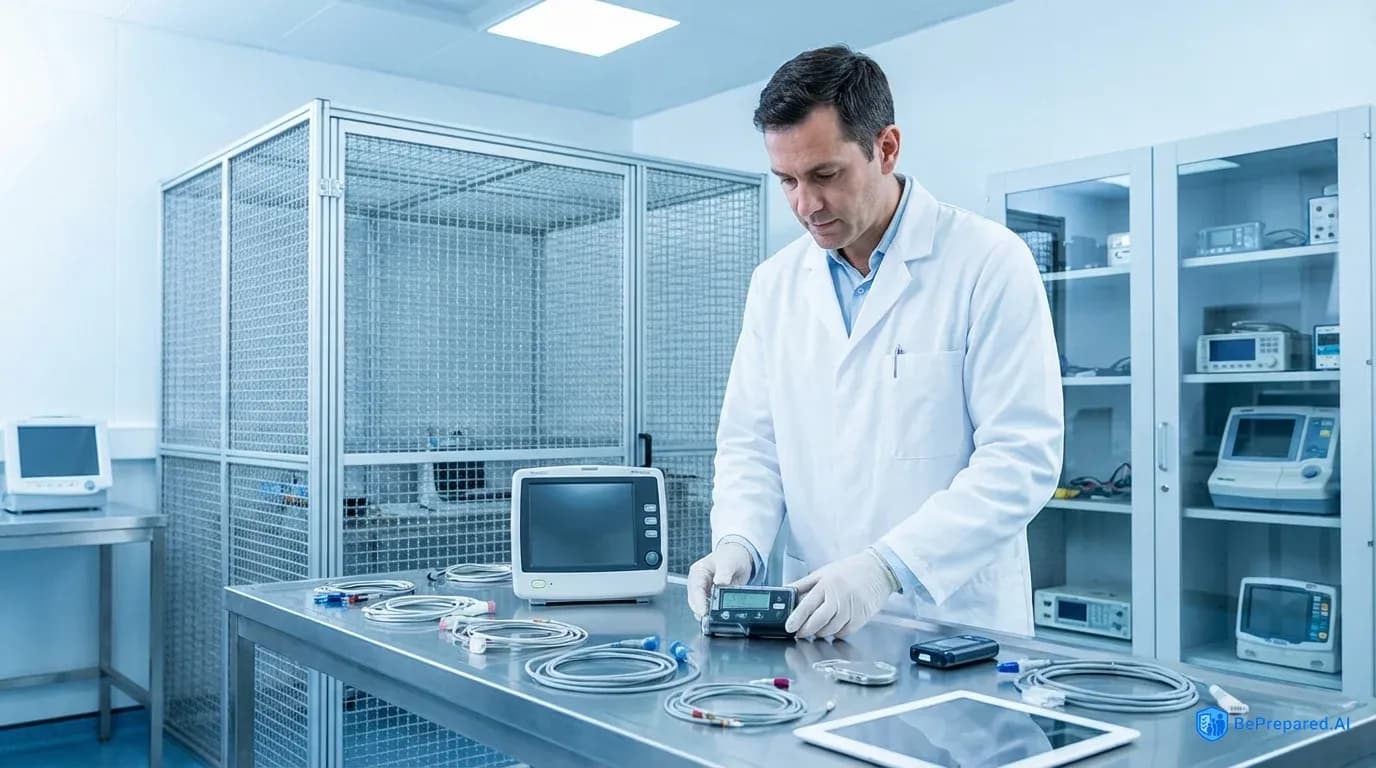 Medical professional examining protected medical devices with Faraday cage in background