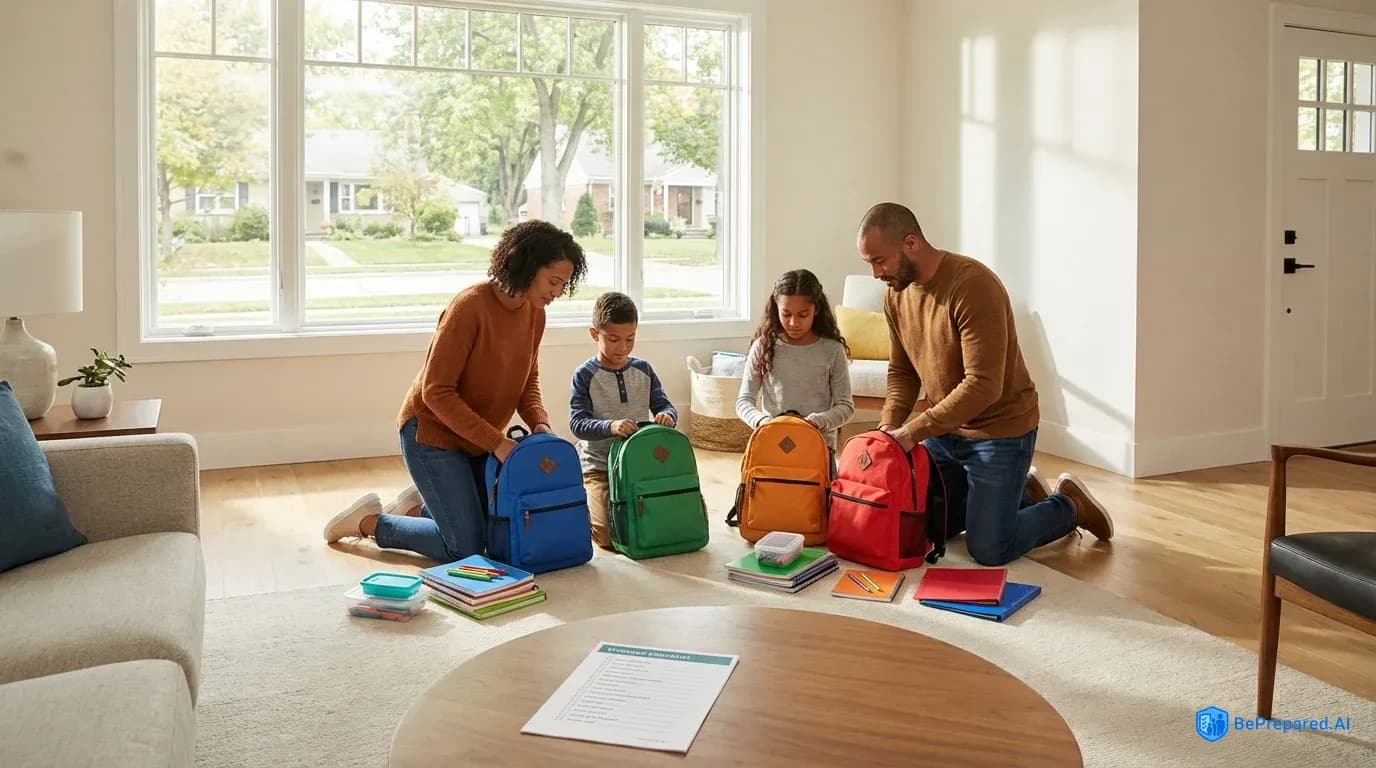 Family organizing color-coded emergency backpacks in living room with checklist on coffee table