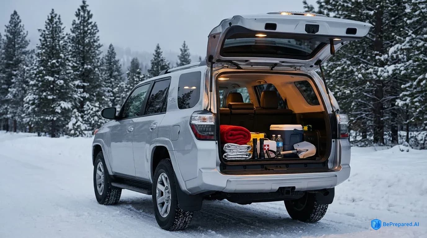 SUV with open trunk showing organized winter emergency supplies against snowy backdrop