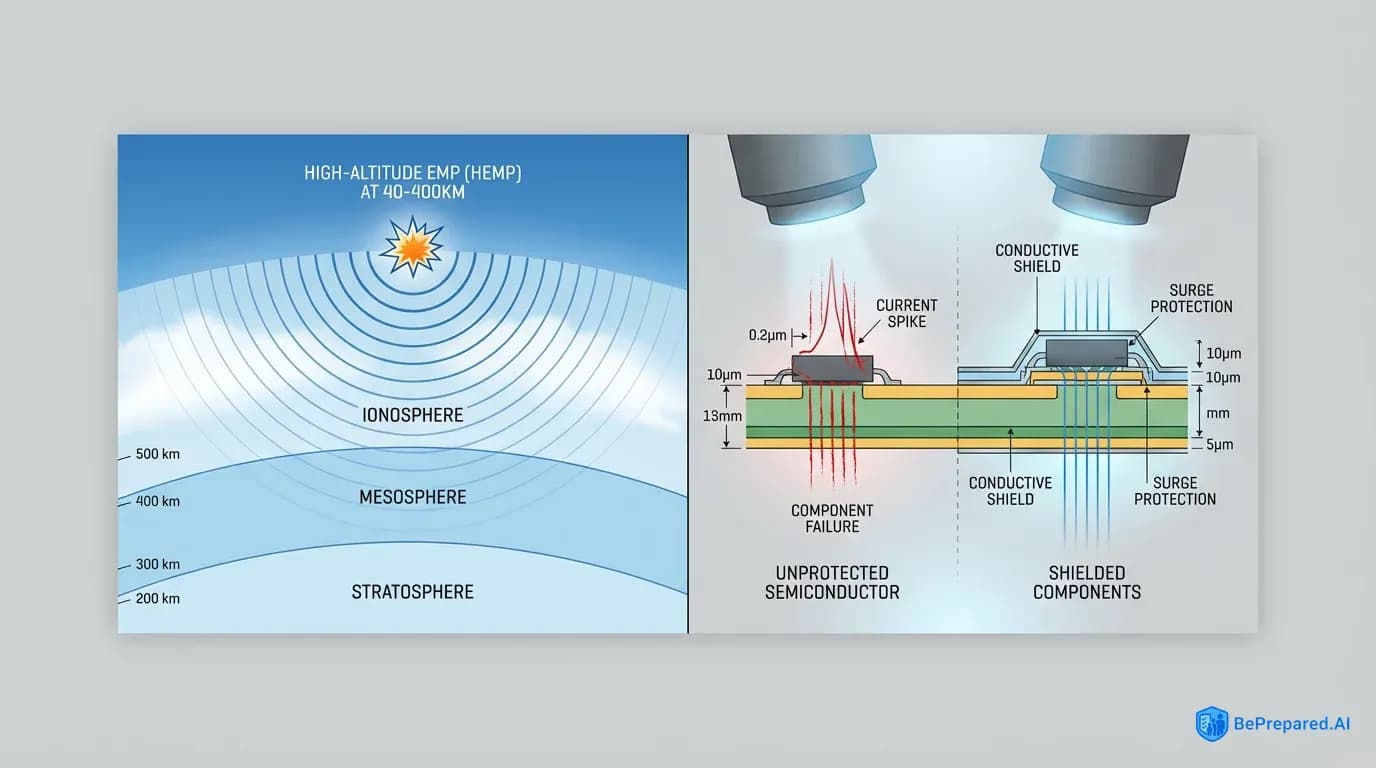 Technical diagram comparing EMP wave propagation and circuit protection methods