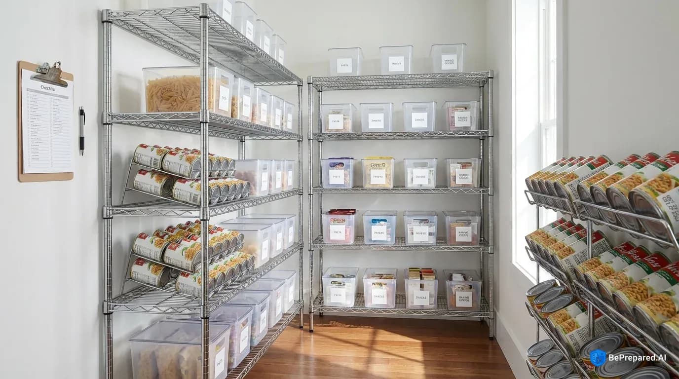 Organized pantry shelving system showing food rotation with clear labels and dated items