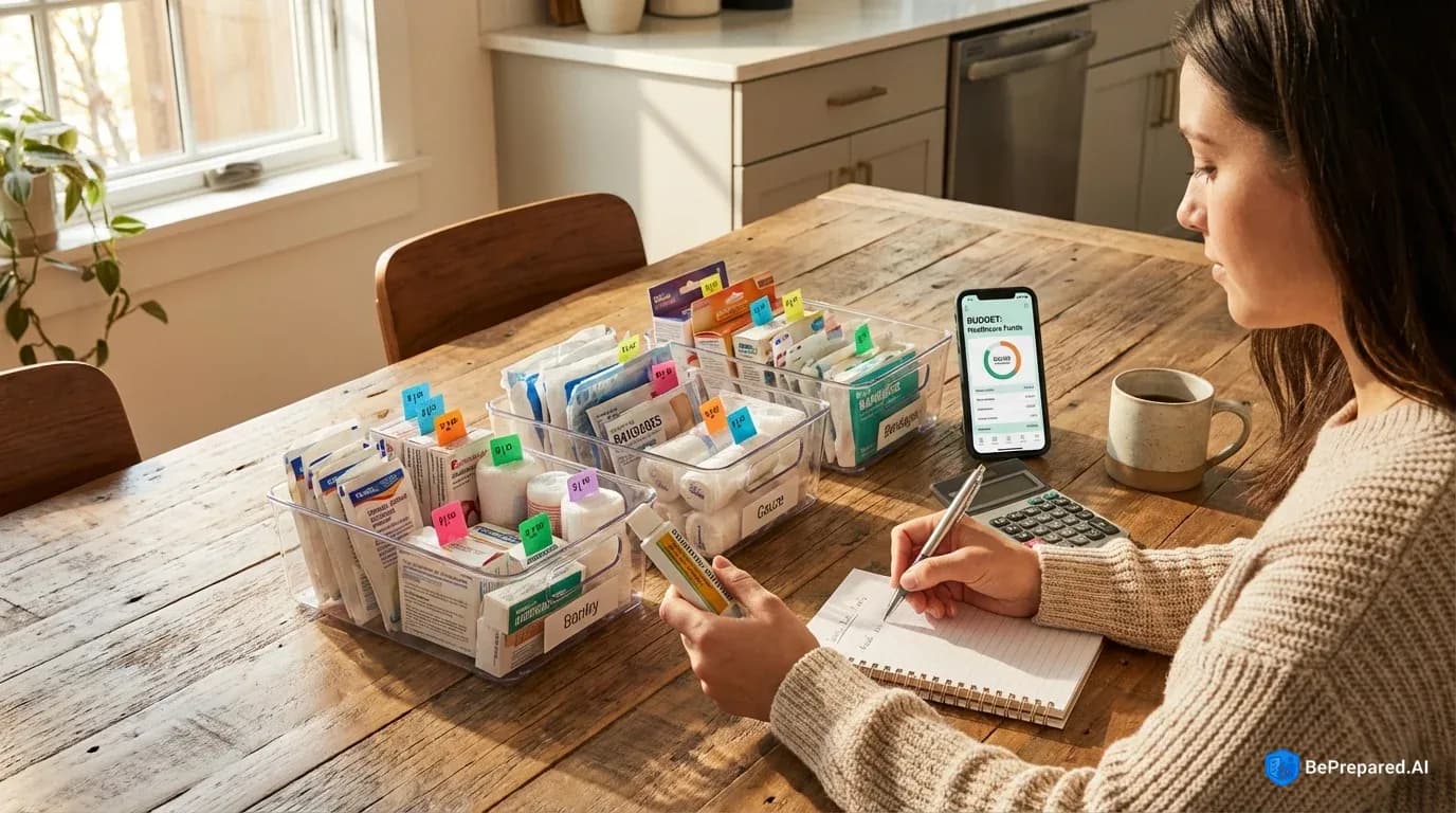 Parent organizing budget-friendly medical supplies with visible price tags and calculator on kitchen table