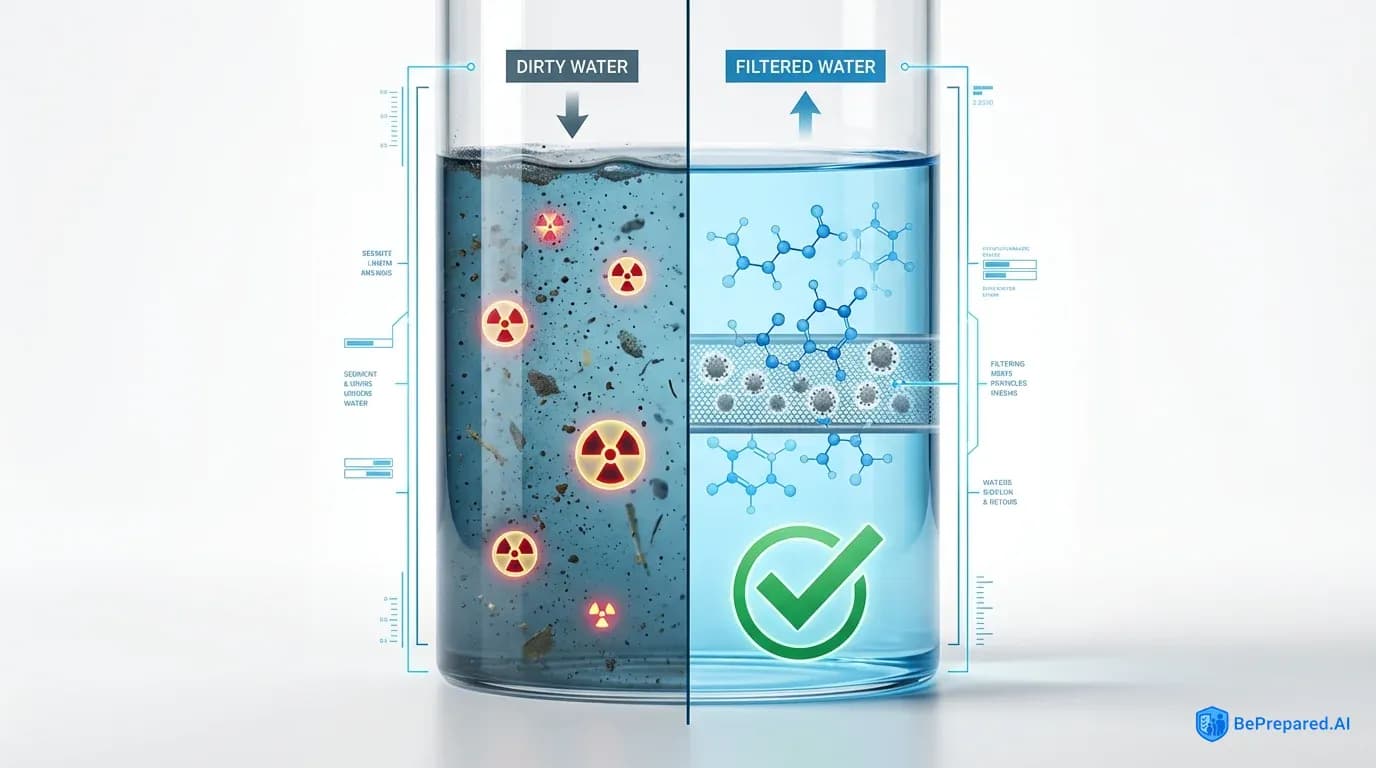 Split view comparing contaminated water with radiation symbols to purified water with molecular filtration diagram
