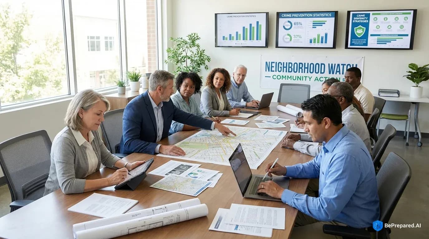 Diverse group of neighbors reviewing security maps and plans during community watch meeting