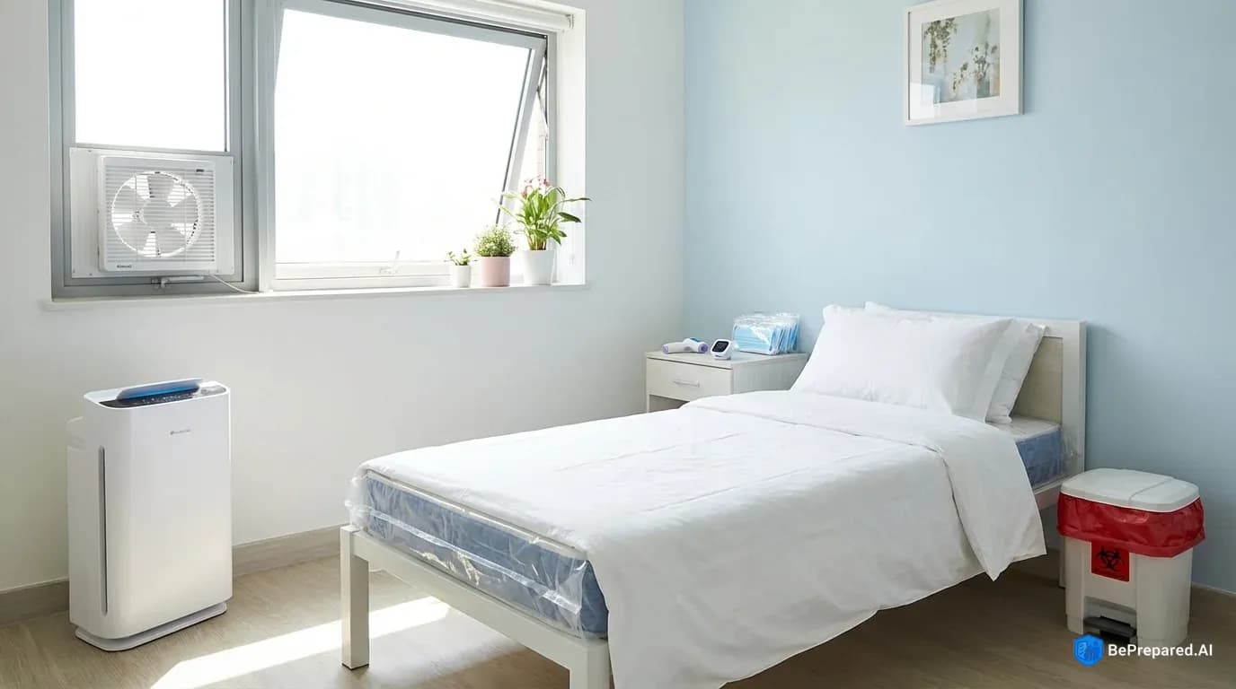 Medical quarantine bedroom setup with air purifier, medical supplies, and proper ventilation
