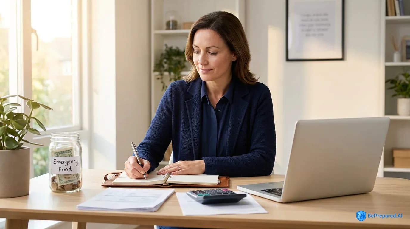 Person reviewing financial documents at desk with emergency fund jar and organized paperwork