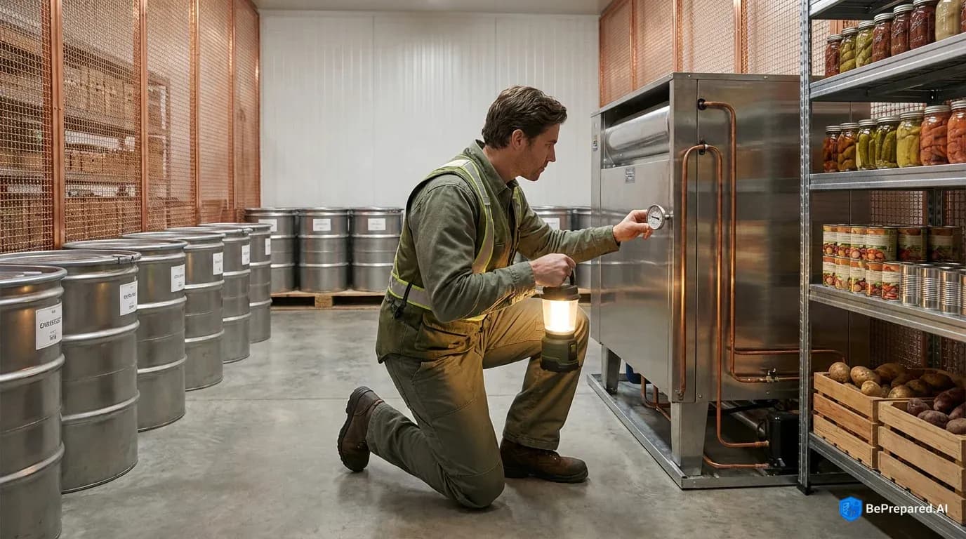 Professional examining EMP-protected food storage facility with Faraday cage and mechanical systems