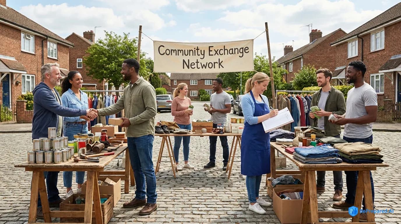 Diverse community members trading goods at outdoor market tables with ledgers and handshakes