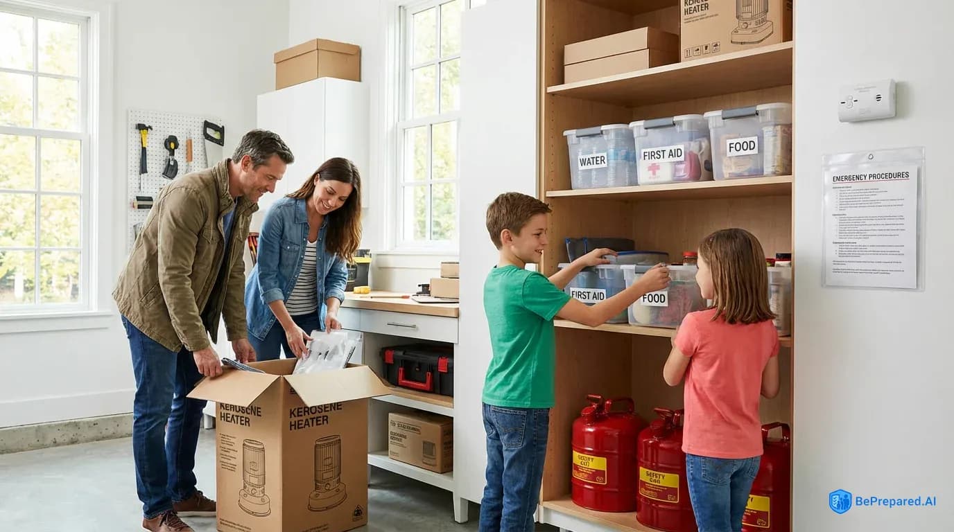 Family reviewing emergency heating equipment and supplies in organized garage setting