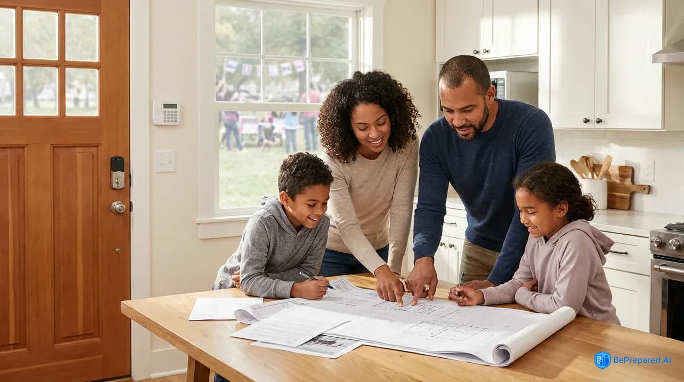 Family reviewing home security plan at kitchen table with security features visible in background