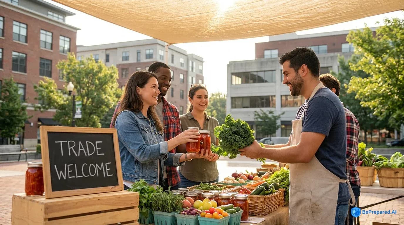 Diverse group trading goods at farmers market, exchanging preserved foods for fresh vegetables