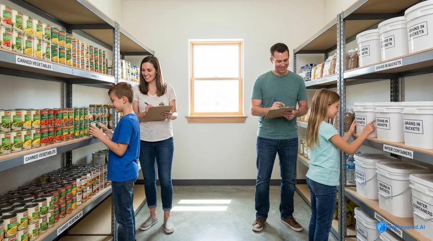 Family taking inventory in organized home food storage pantry with labeled shelves and supplies