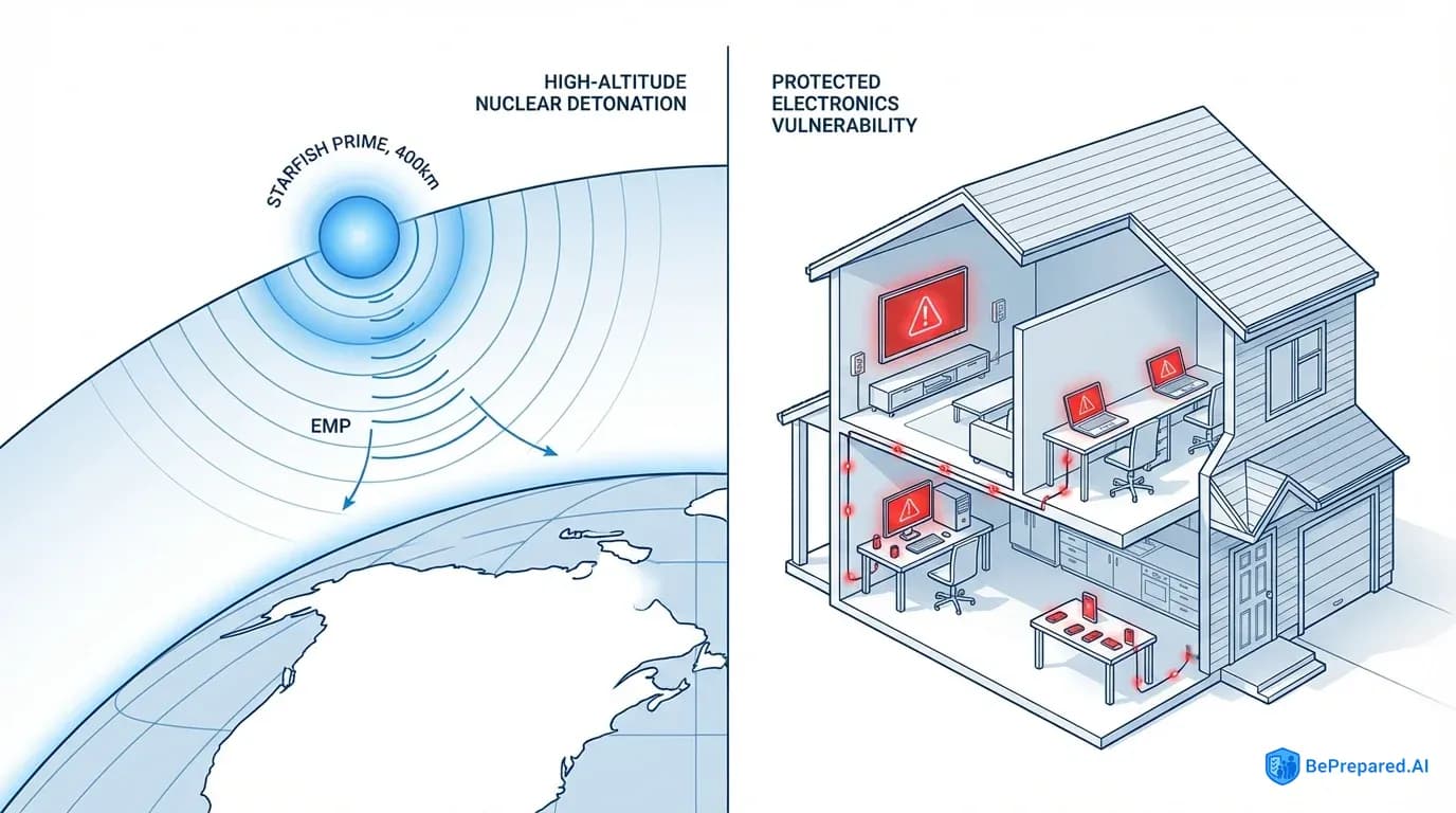 Split illustration: EMP wave effects on home electronics