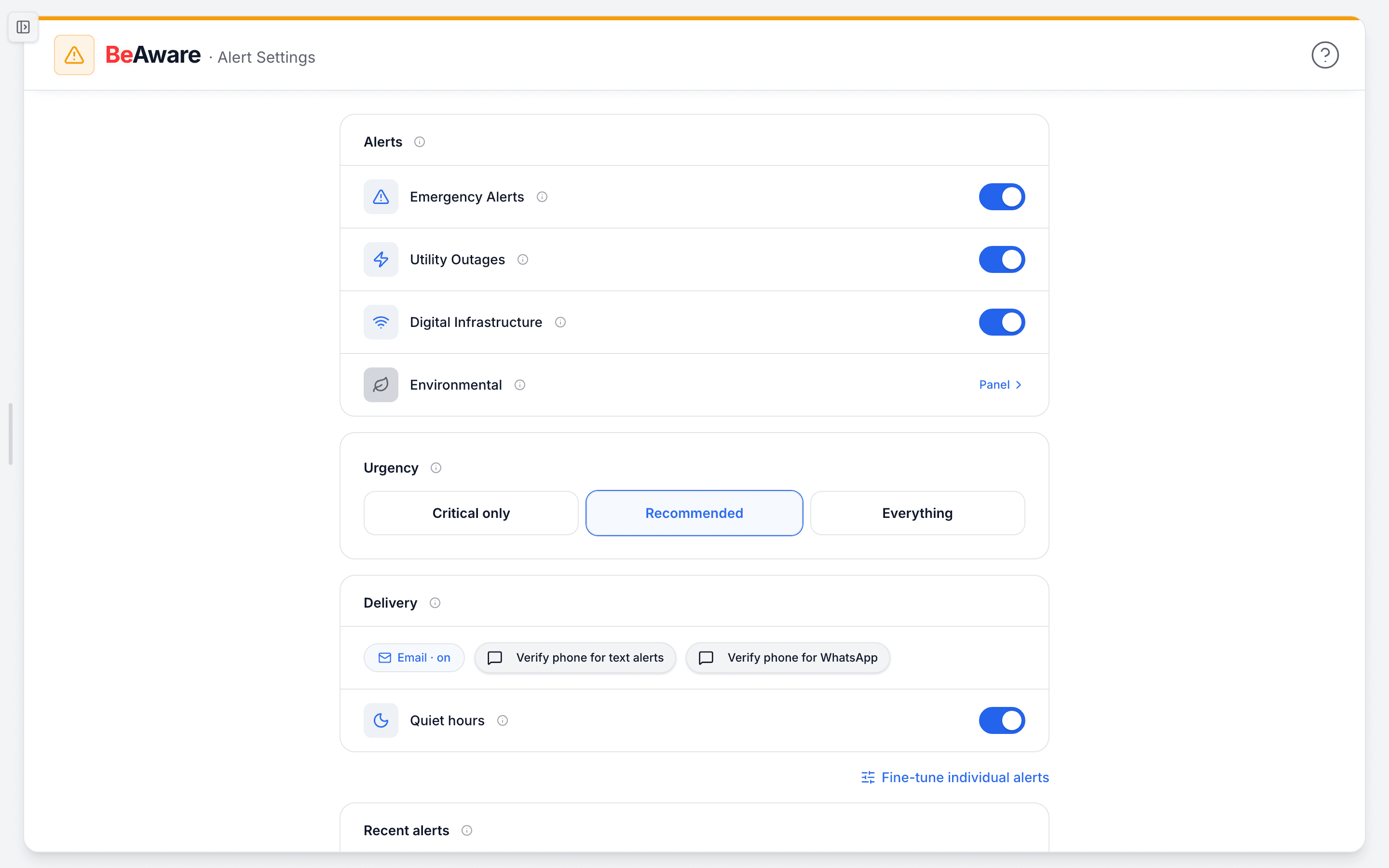 BeAware Alert Settings with per-alert Email, SMS, and WhatsApp toggles