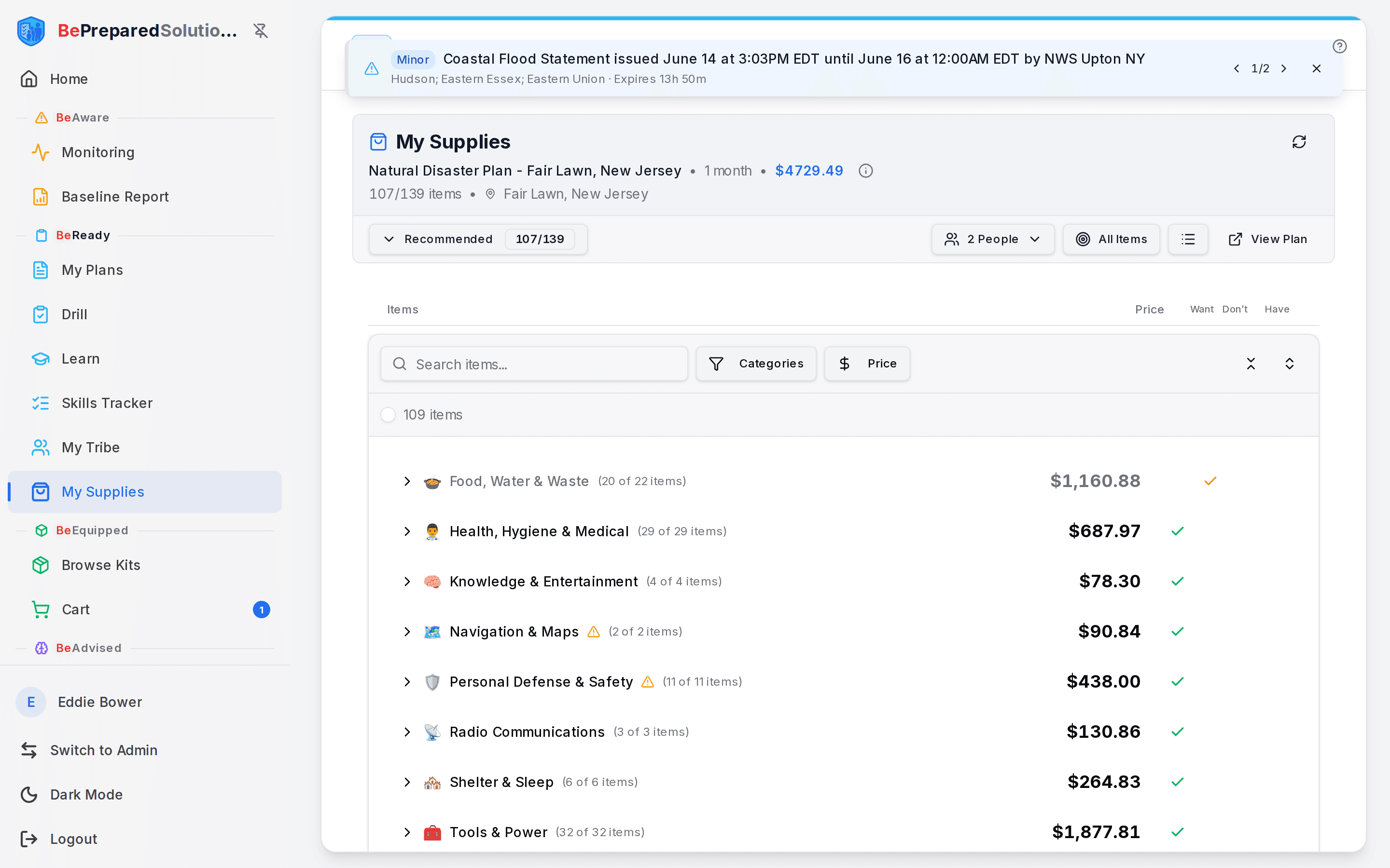Your supply list, grouped and priced, with controls along the top